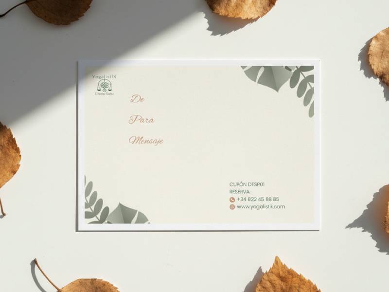 Reverso de la tarjeta regalo de Yogalistik, con los campos De, Para y Mensaje
